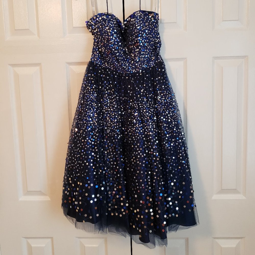 Navy and silver sequined party dress